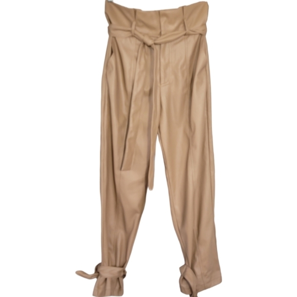 Lucy Paris S Faux Leather Tan Paperbag Pants Tie Waist Ankle Wrap Chic Neutral - Picture 9 of 13